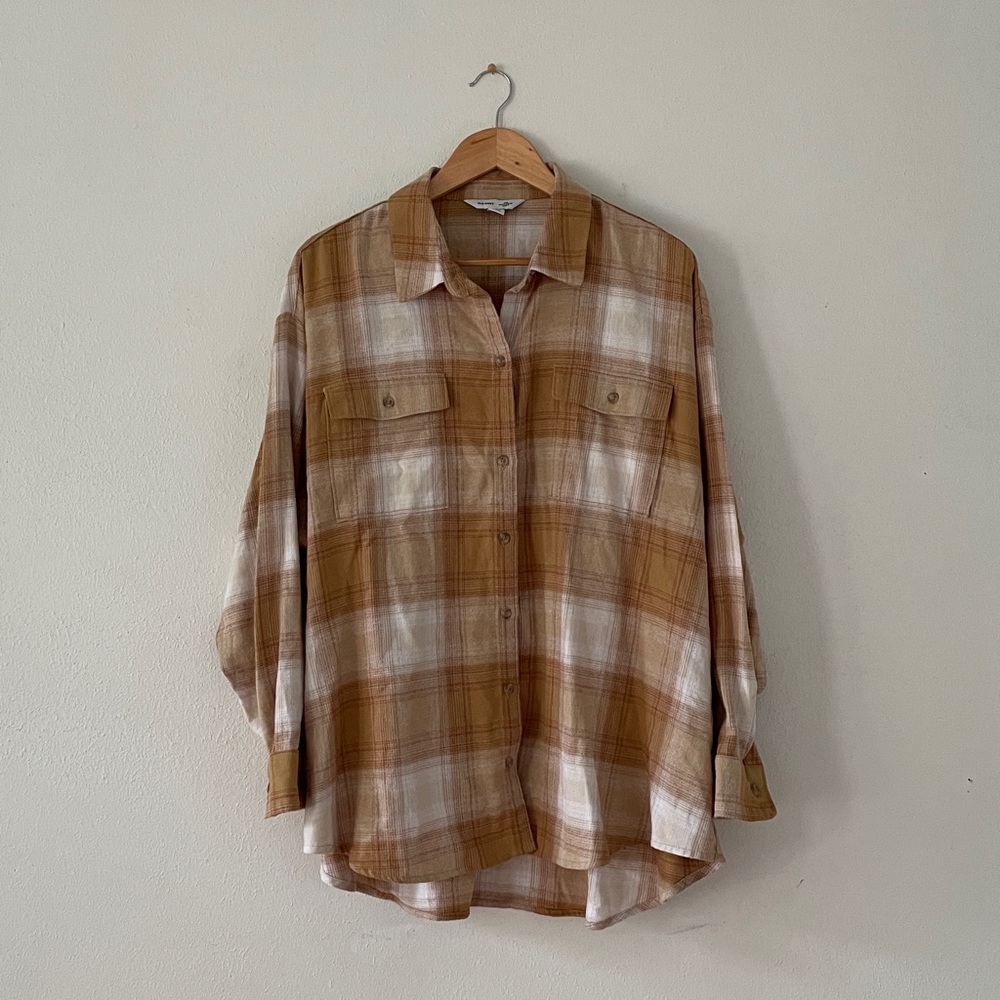 Old Navy Boyfriend Shirt Cream Tan Plaid Flannel Tunic Shirt XXL
